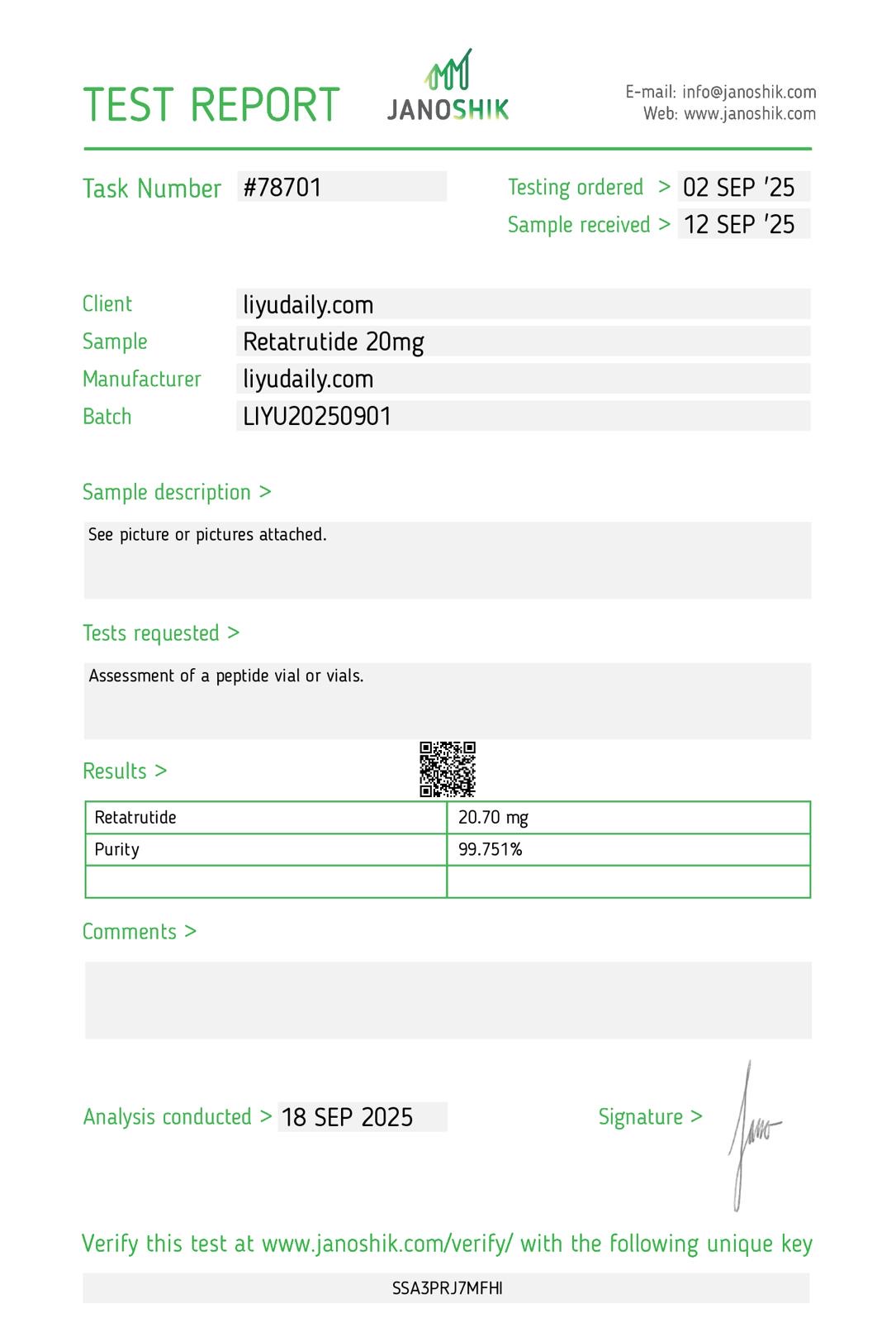 Certificate of analysis for Retatrutide (RETA)