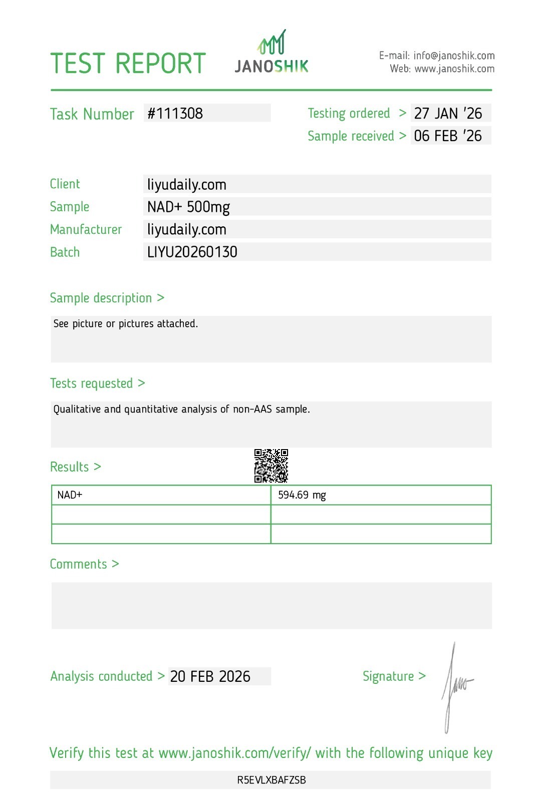 Certificate of analysis for NAD+