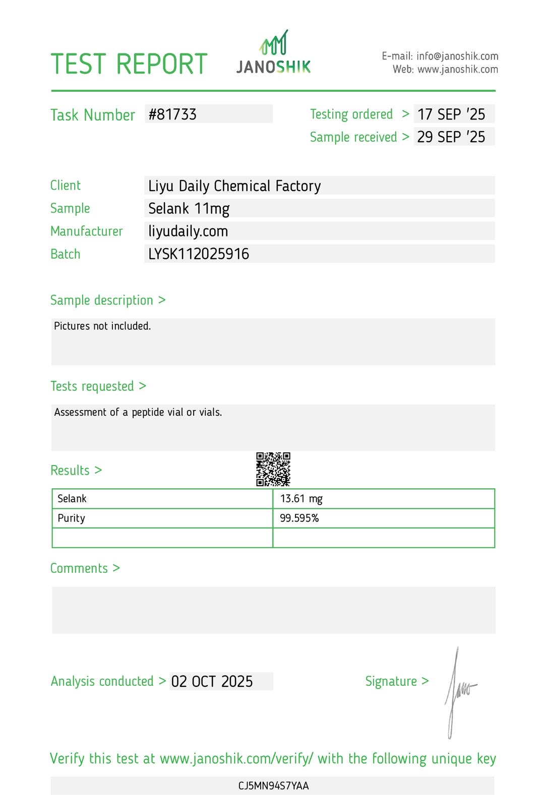 Certificate of analysis for Selank