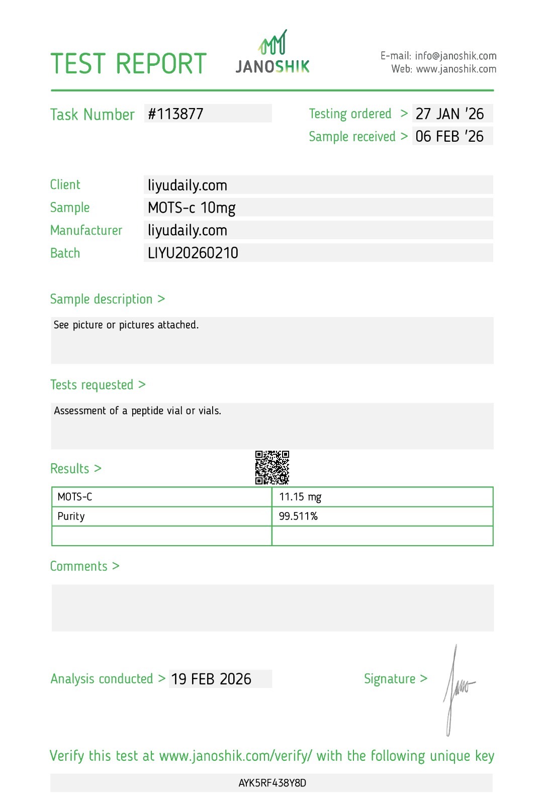 Certificate of analysis for MOTS-c