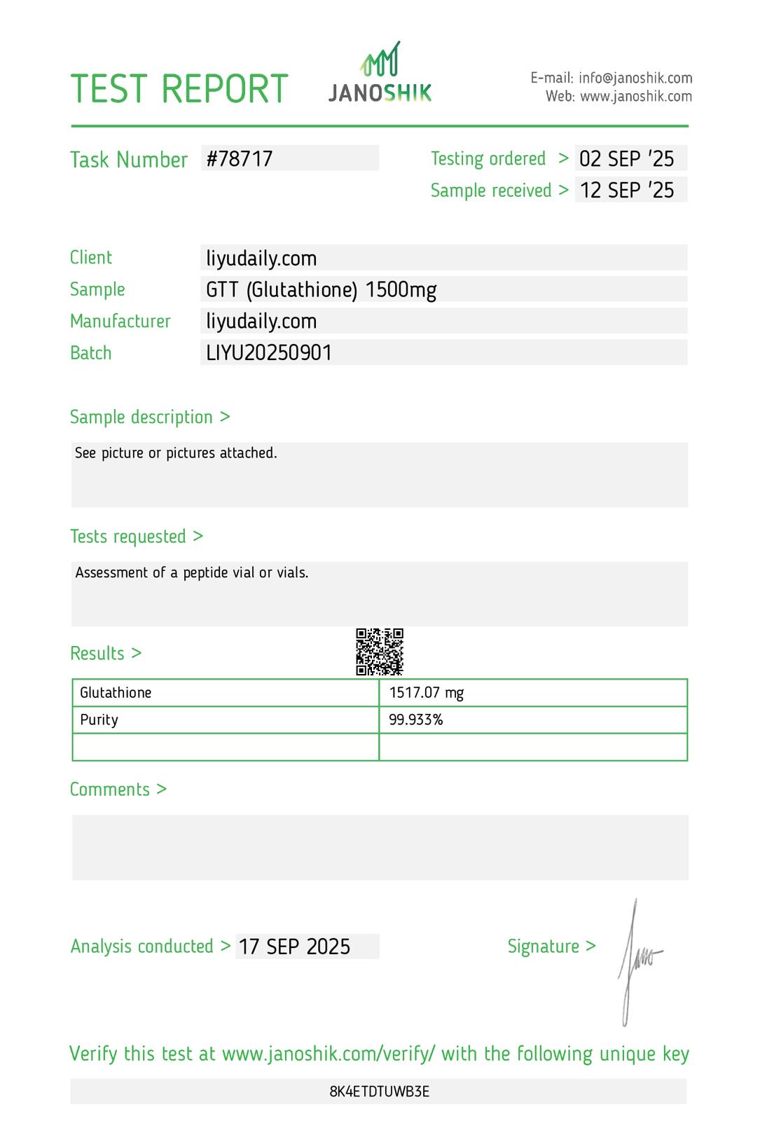 Certificate of analysis for Glutathione (GTT)