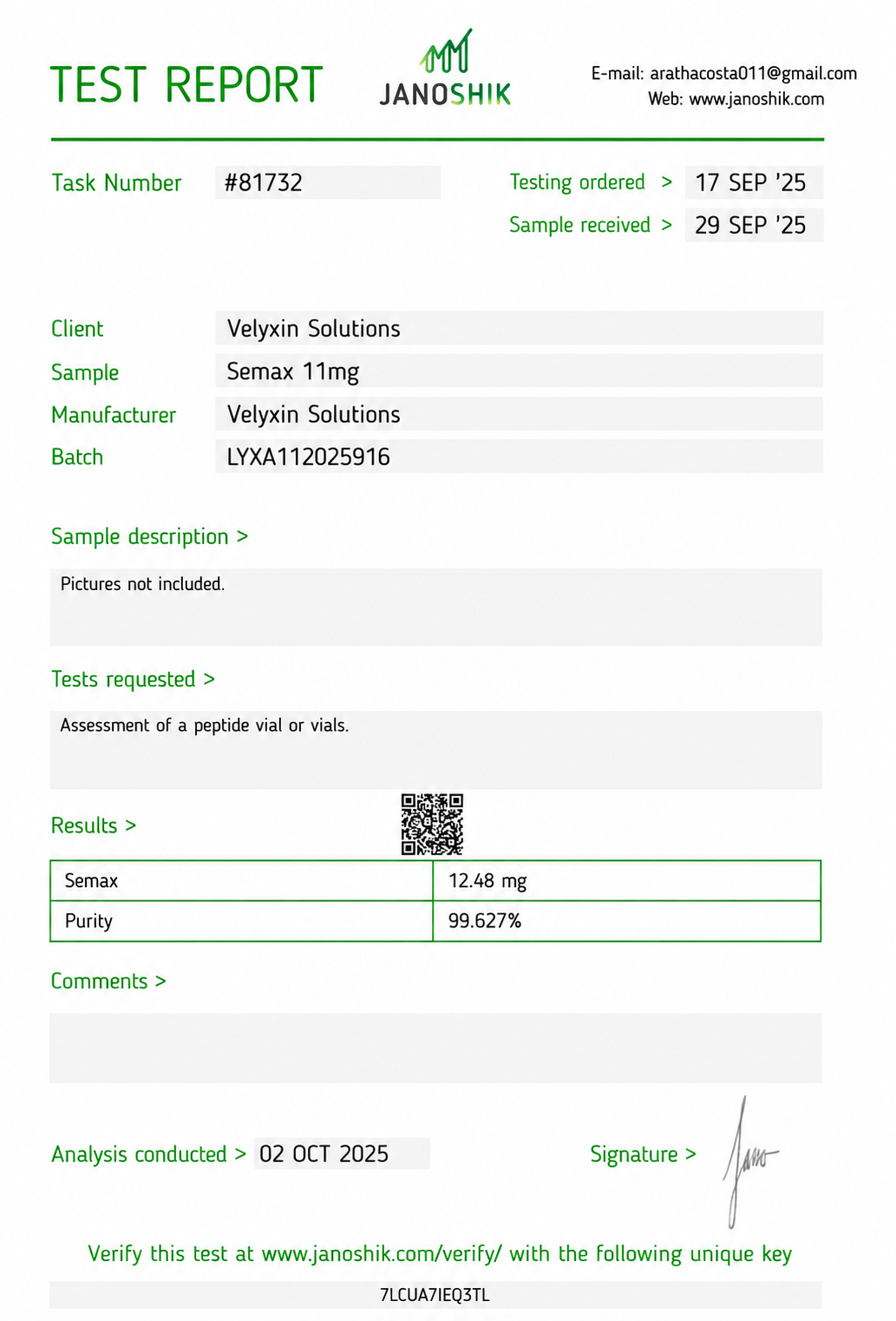 Certificate of analysis for Semax