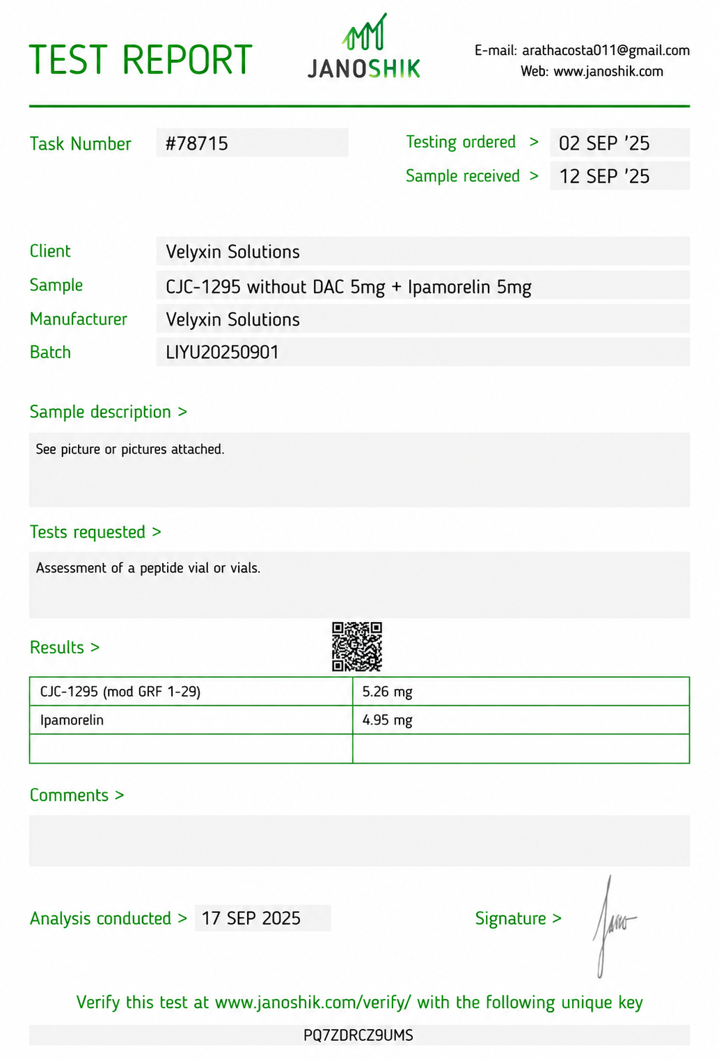 Certificate of analysis for CJC-1295 / Ipamorelin